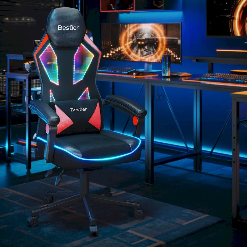 Ergonomic Gaming Chair with RGB LED Lights, Ventilated Fabric Computer Chair with Pocket Spring Cushion and Articulated Armrests