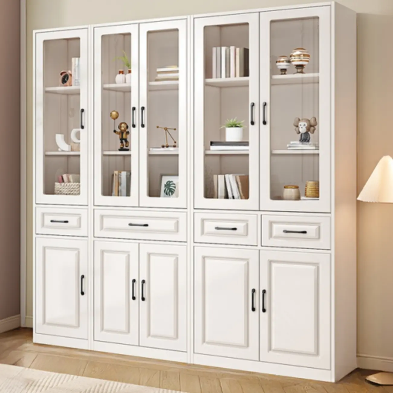 Rectangular White Wood Vertical Display Bookcase with Drawers