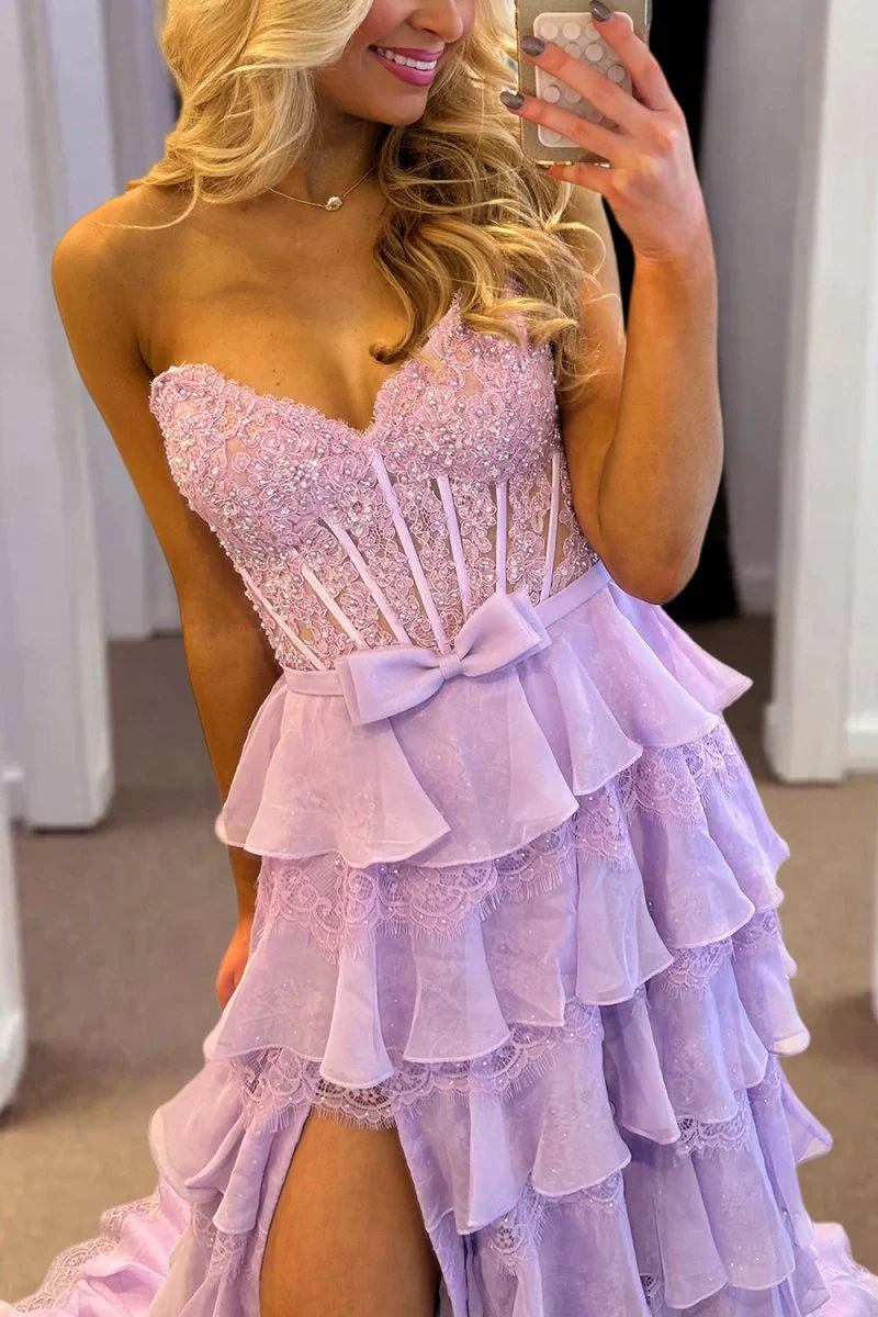 Lavender - Strapless A Line Chiffon Tiered Prom Dresses With Bow