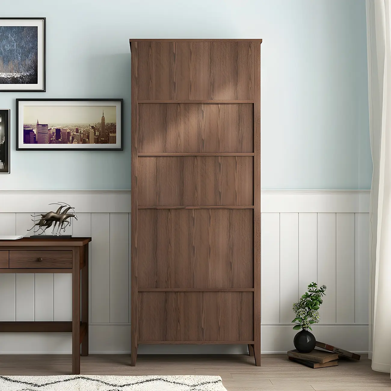 Modern Wooden Bookcase with Adjustable Shelves and Drawers