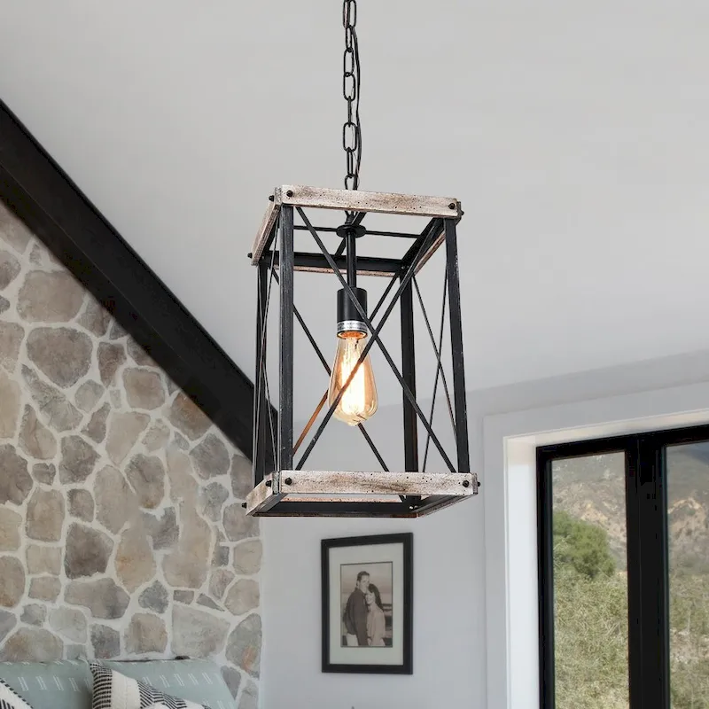 Farmhouse 1-light Distressed Wood Square Lantern Pendant