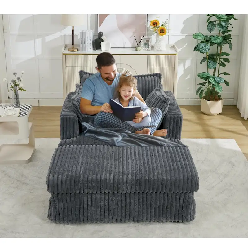 Dark Gray Corduroy Chaise Longue Chair with Ottoman and Pillows