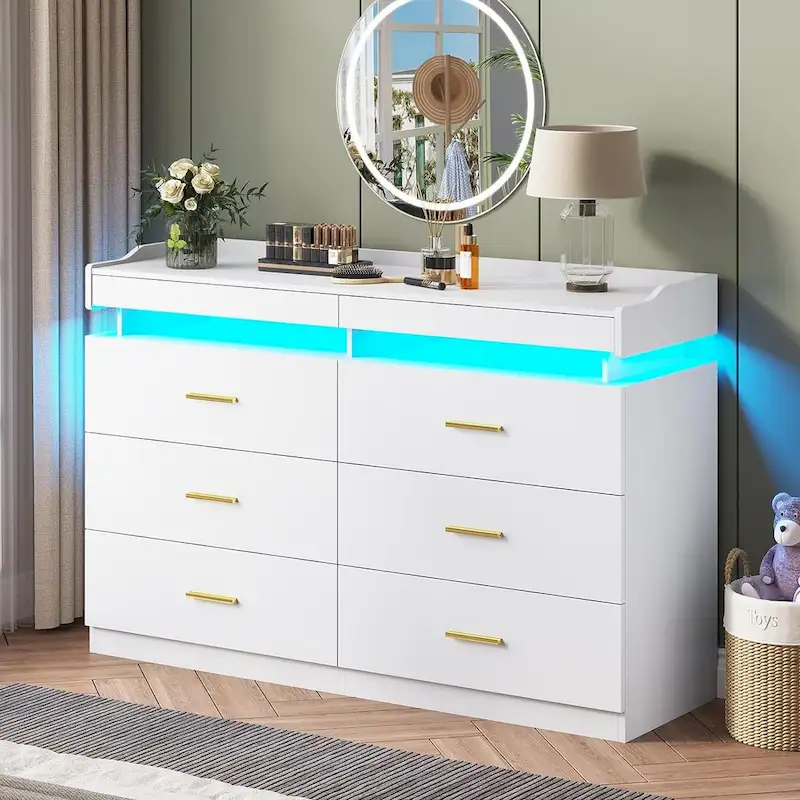 6 Drawer Dresser 2 Pull-Out Tray LED Light Chest of Drawers