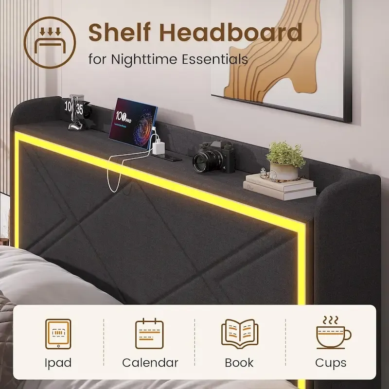 Bed Frame LED Lights Headboard & USB-C/A Charging Station 4 Drawers