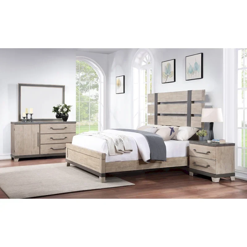 Arbela Wood Slatted Panel Bed with Dresser, Mirror, and Two Nightstands, Weathered Oak Finish
