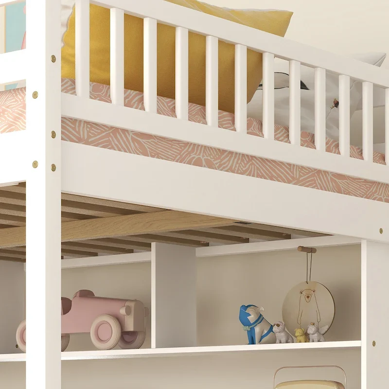 Full Size Loft Bed with Built-in Desk, Bookshelves and Storage Staircase