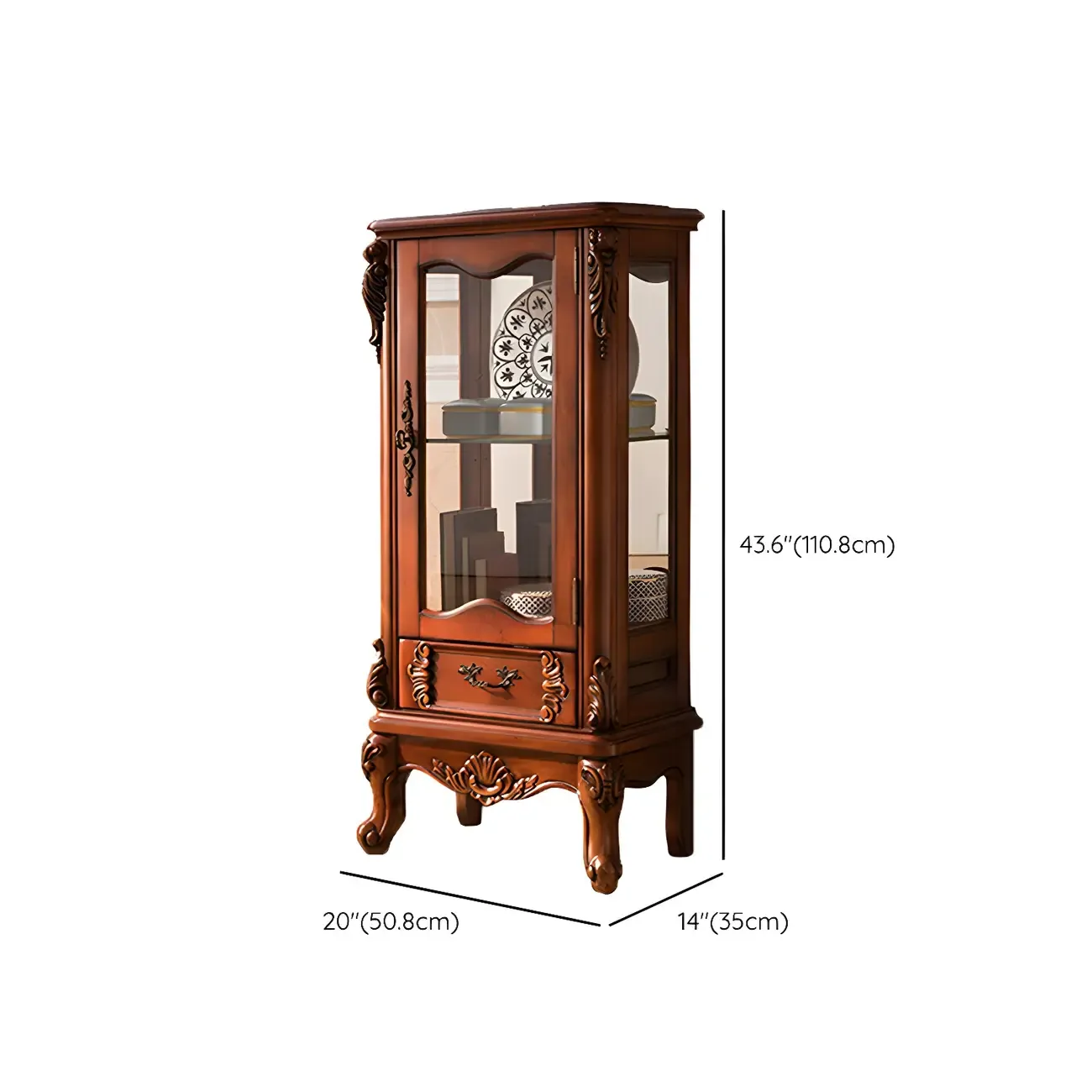Traditional Wood Brown Glass Shelf Display Cabinet