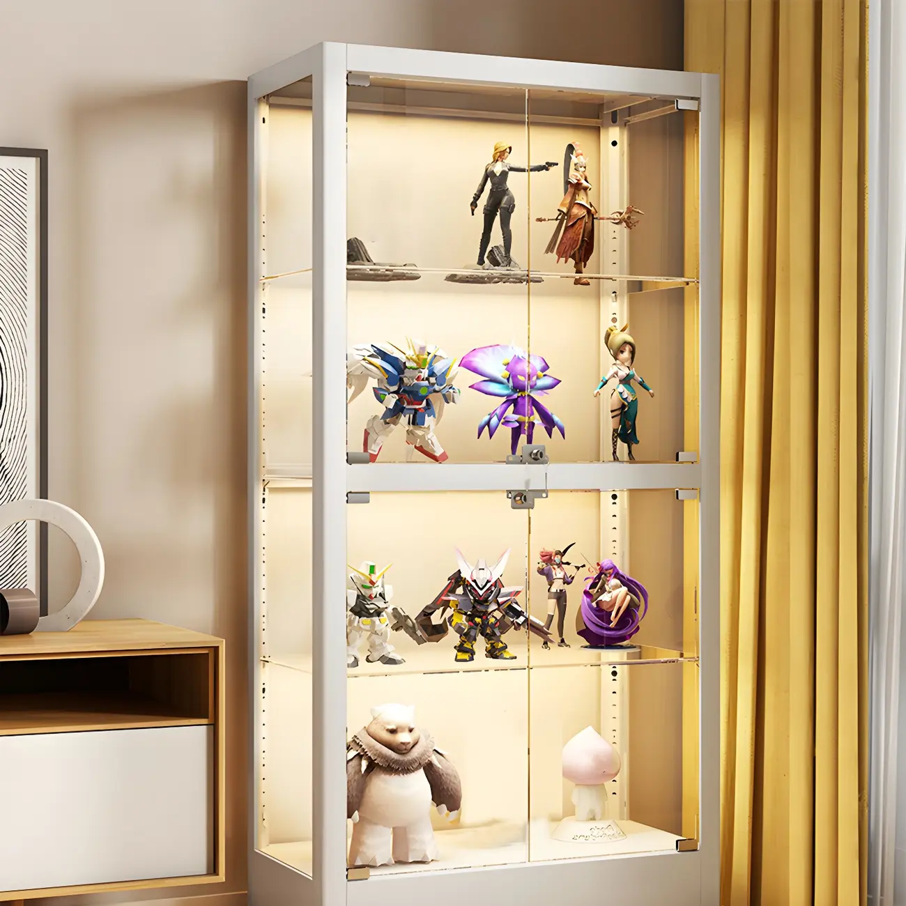 Adjustable Shelves White Glass Locking Curio Cabinet