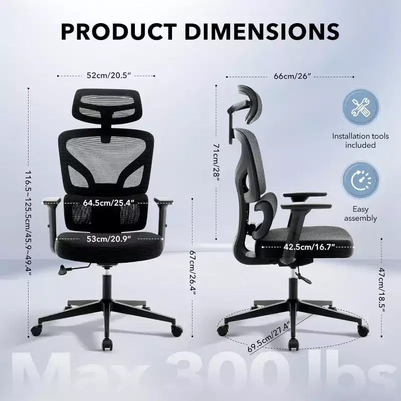 GustoWave Ergonomic Office Chair with Adjustable Lumbar Support, High-Back Mesh Desk Chair, Rolling Swivel Computer Task Chair for Home/Office