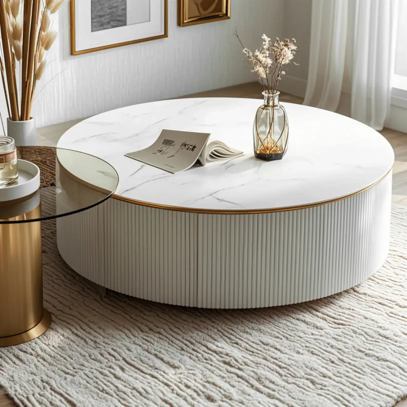 White Round Wood Lift-Top Drawer Coffee Table