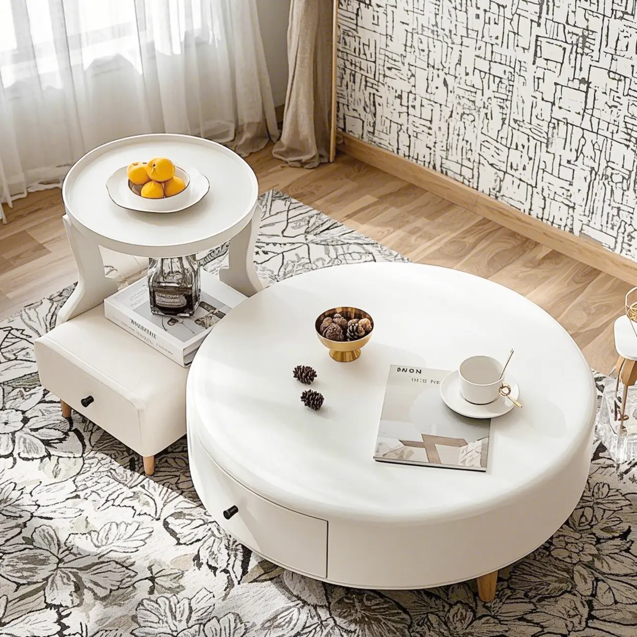 White Round Elegant Modern Wood Drawer Coffee Table