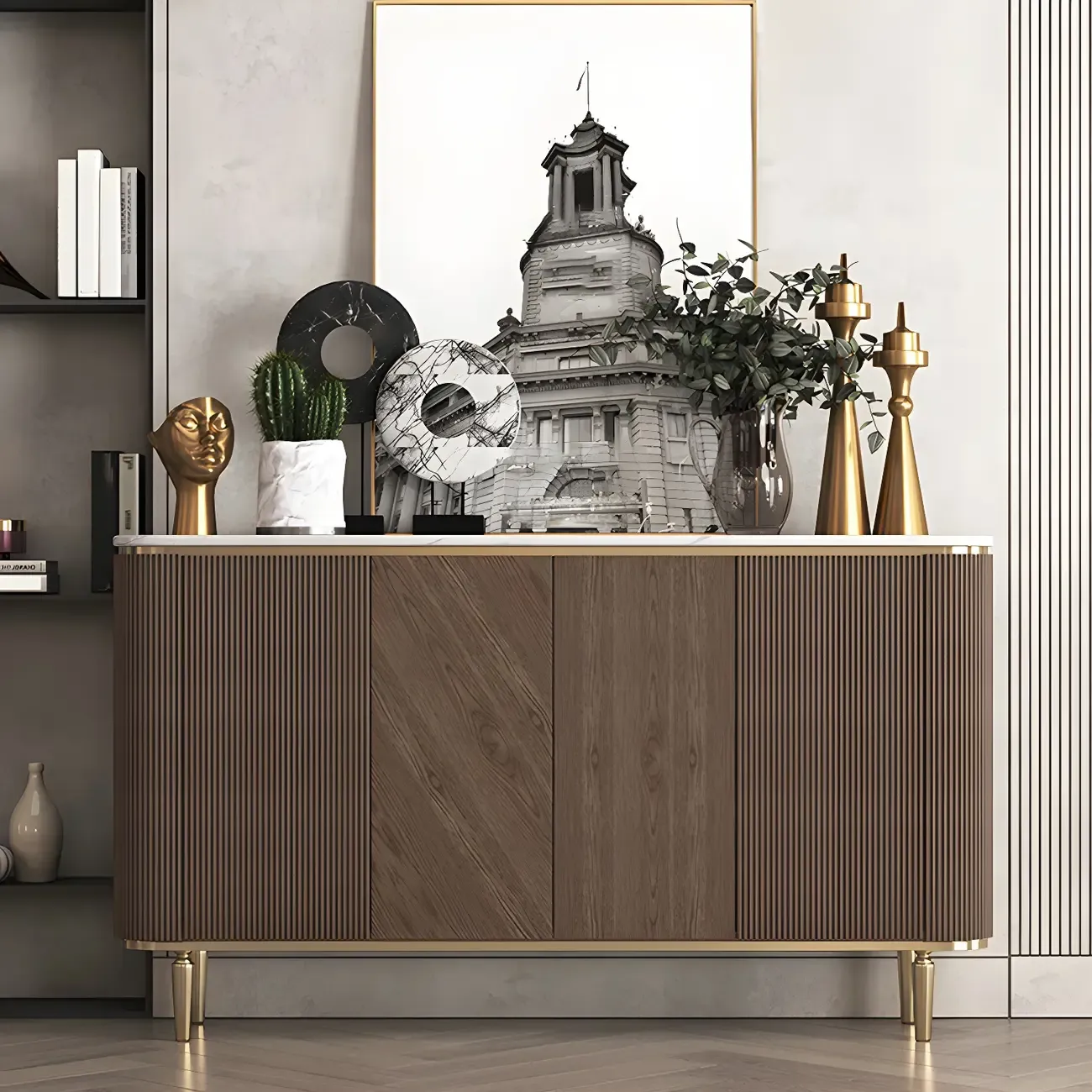 Glam Brown Wooden Sideboard with Marble Top
