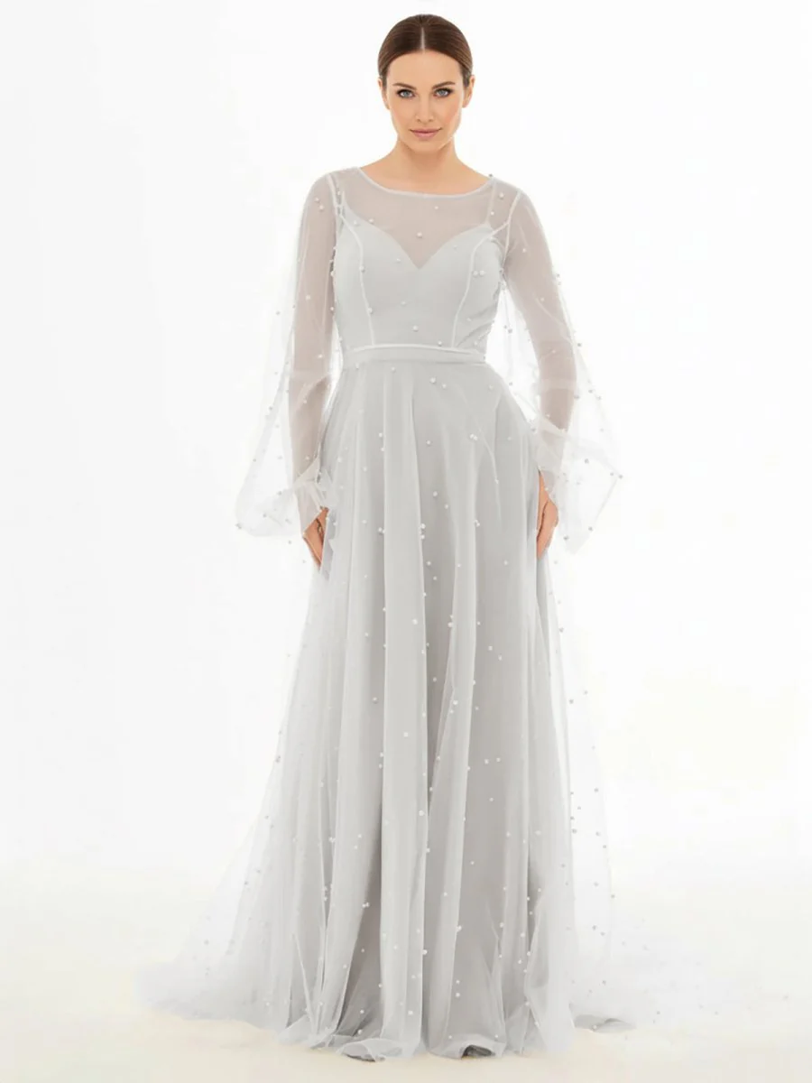 Simple Modest A-Line Long Sleeve Tulle Elopement Illusion Wedding Dress with Pearl