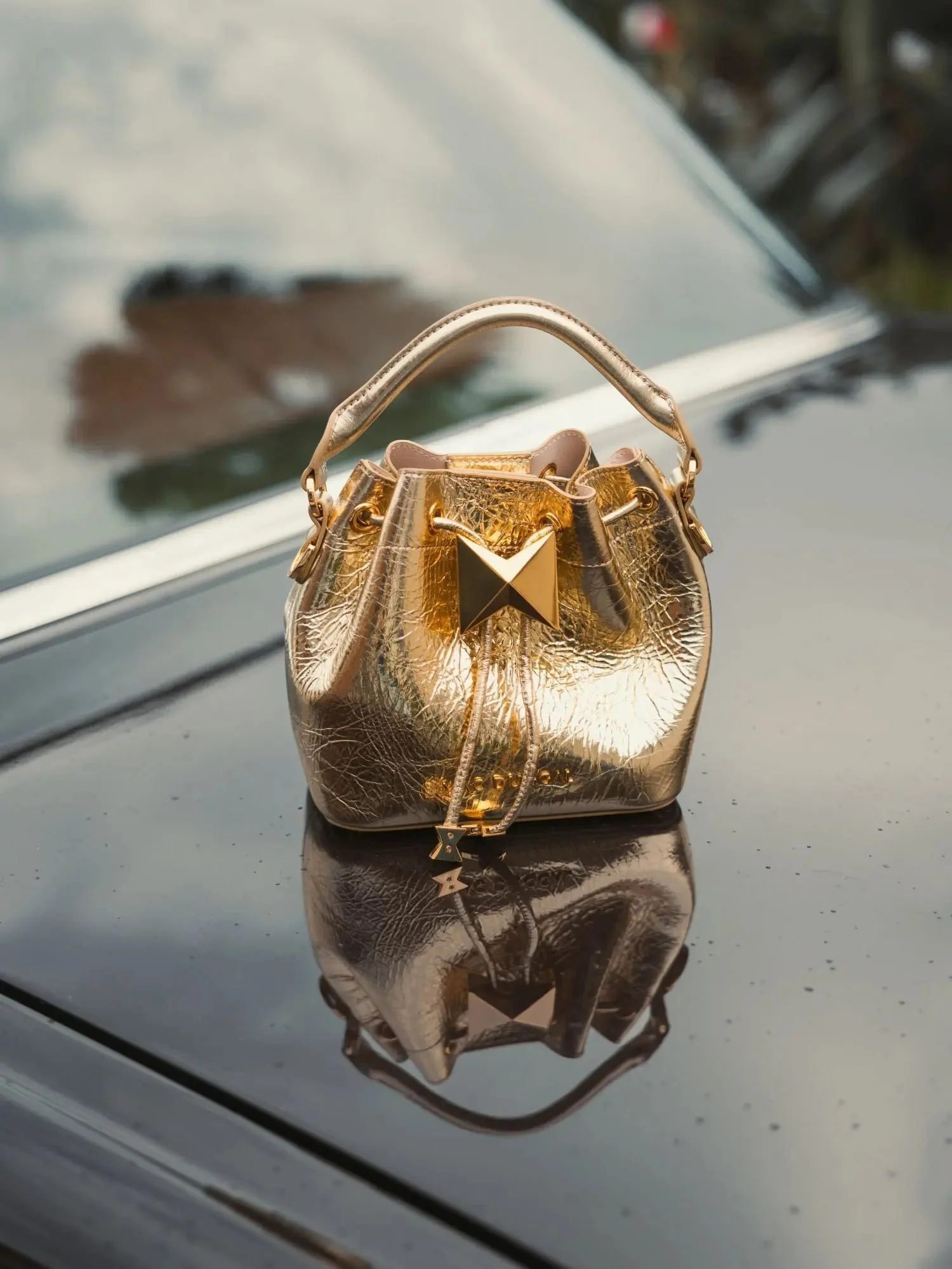 Crinkle Metallic Gold Leather Mini Bucket Bag with Detachable Strap