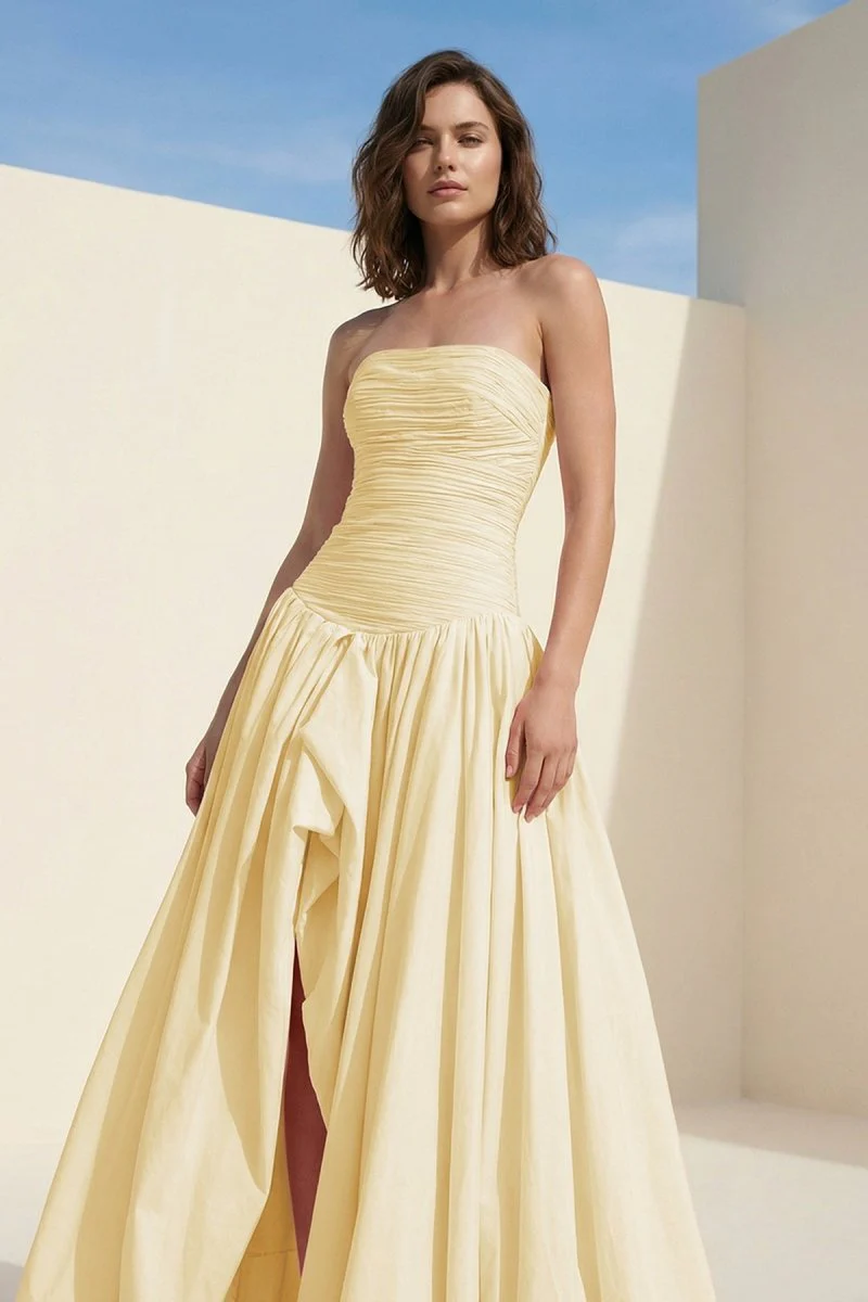 Yellow - Strapless A Line Satin Pleated Prom Dresses With Slit