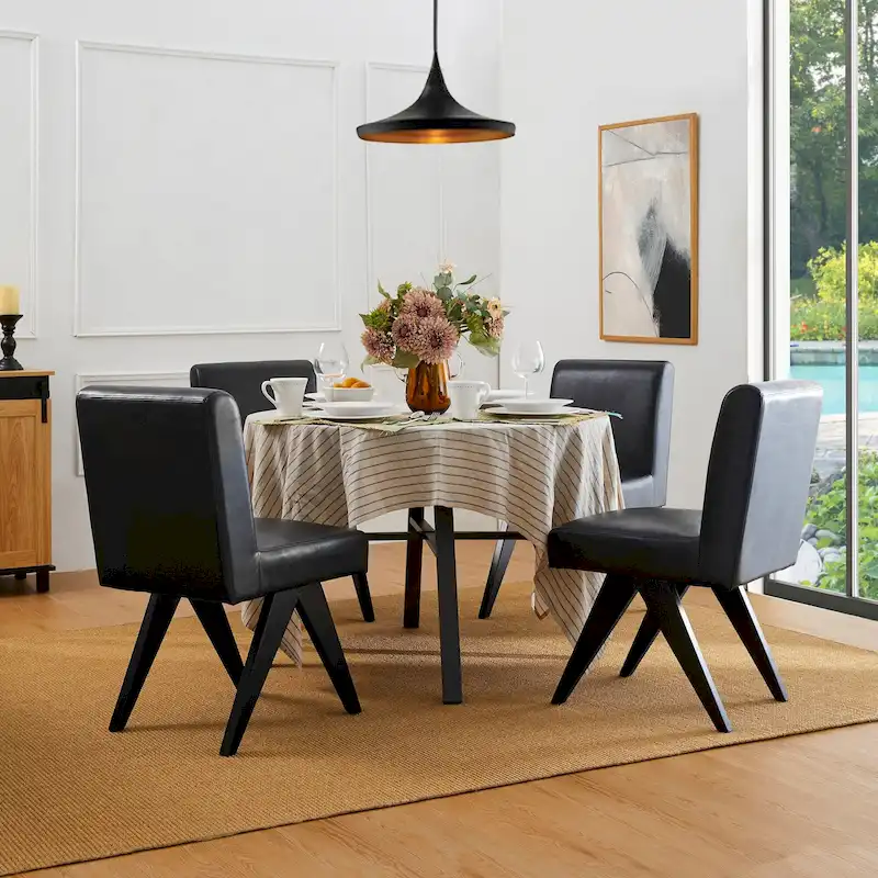 Glitzhome Set of 4 Faux Leather Upholstered Side Dining Chairs with V-shaped Wood Legs