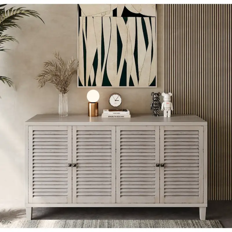 White Washed 4-Shutter Door Sideboard Cabinet