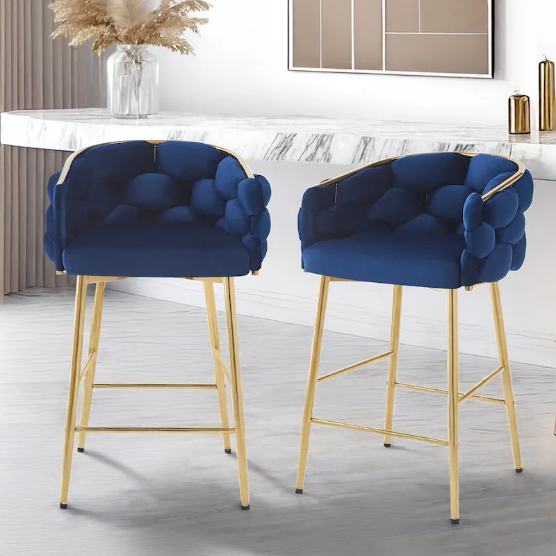Modern 28-Inch Set of 2 Bar Stools with Velvet Padded Backrest Seat, Metal Legs for Dining Room Living Room and Bedroom