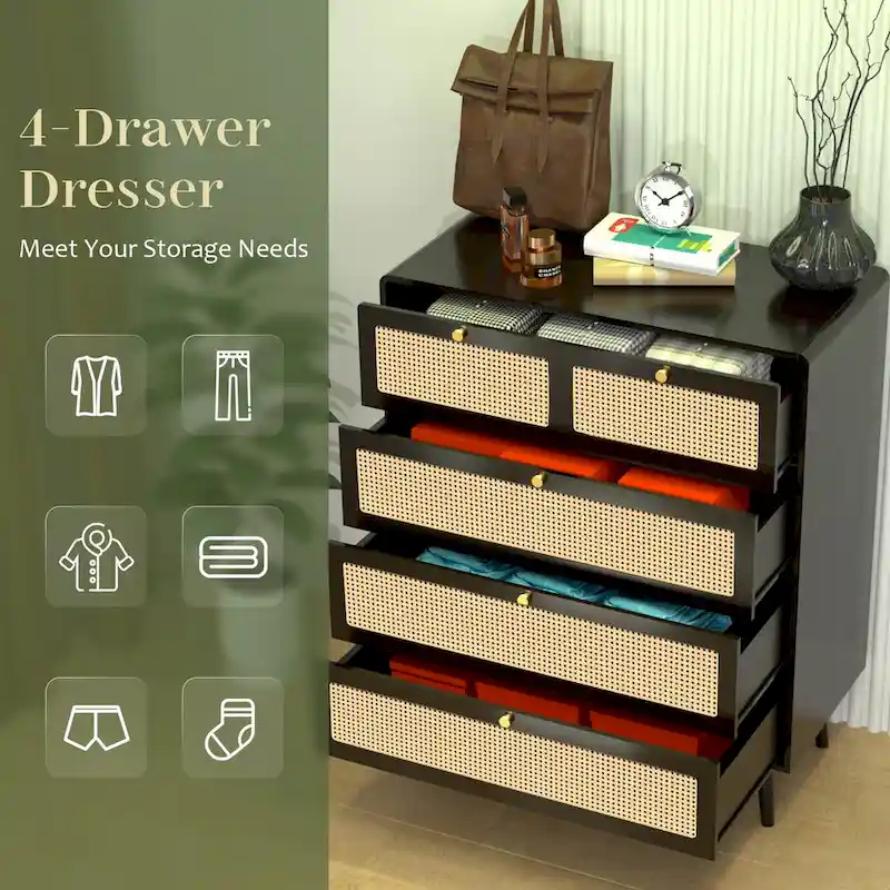 Black 5-Drawer Rattan Chest with Gold Handles
