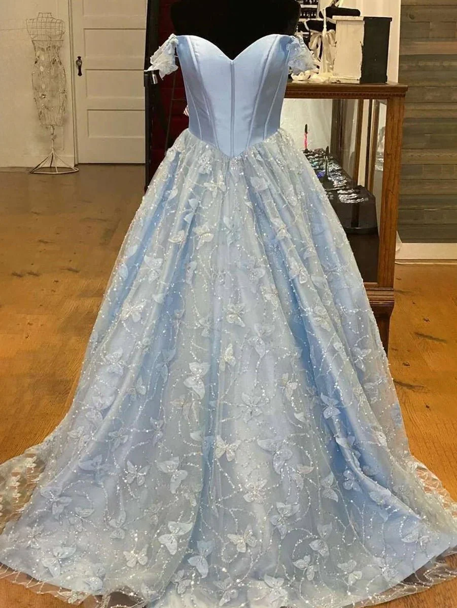 A Line Off the Shoulder Satin Lace Prom Dress