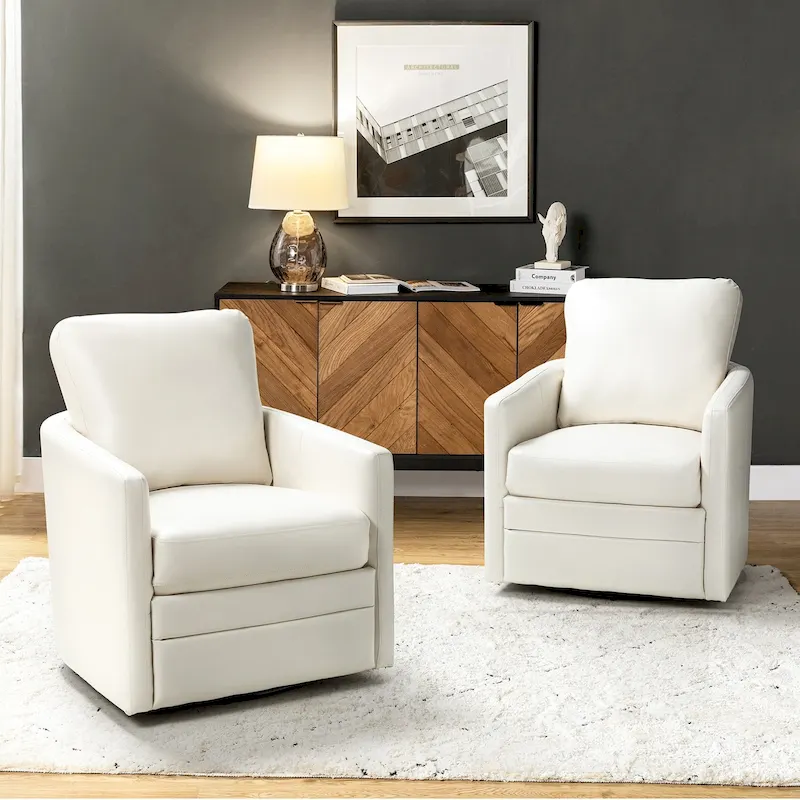 Terrance Transitional Swivel Faux Leather Barrel Chair with Metal Base Set of 2