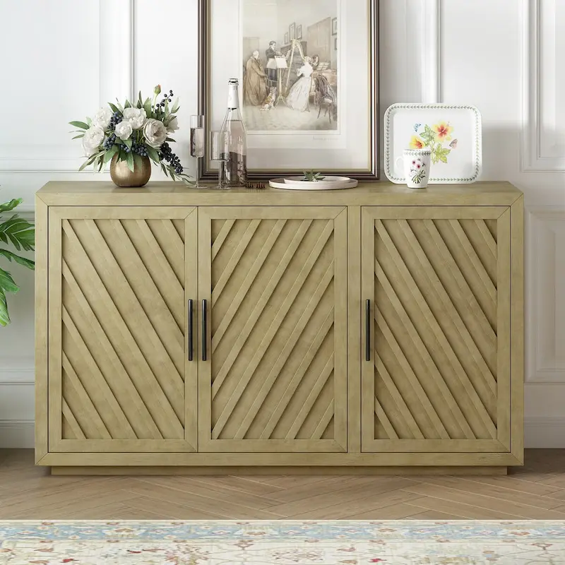 Natural/Blue/Grey 3-Door Sideboard with Adjustable Shelves, Black Handles – Seats 1