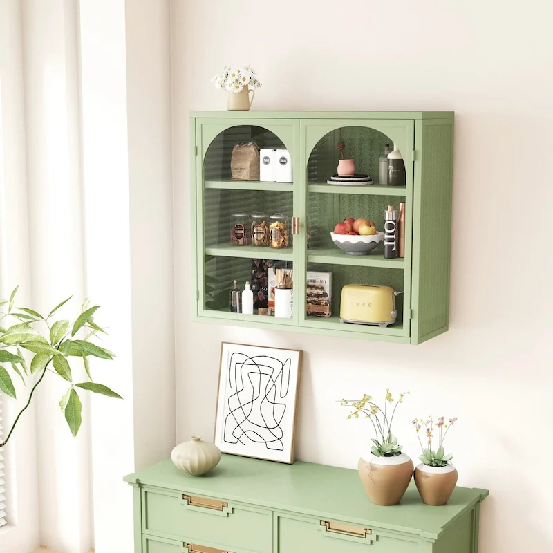 Green/White/Black 2-Door Glass Cabinet with Woven Pattern, 3-Tier Storage