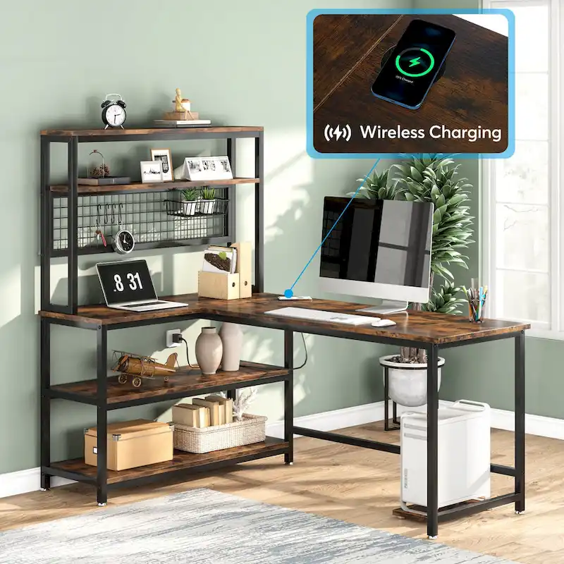 L-Shaped Desk 67 Wireless Charging 9 Storage Shelves Hutch Reversible Corner Home Office