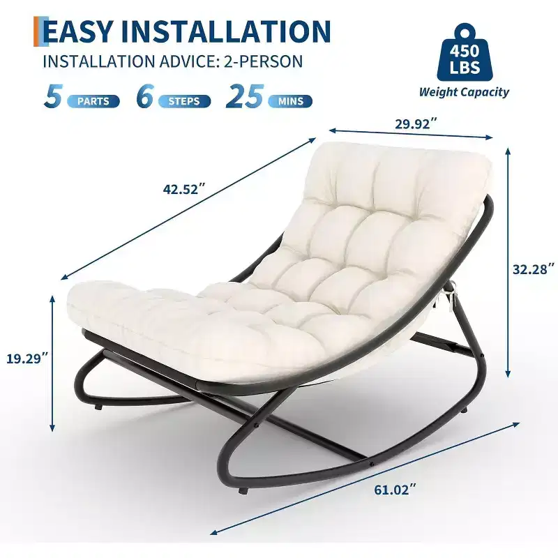 White Oversized Papasan Rocking Chair, Thick Cushion Papasan Chair with 450 LBs Capacity, Comfy Rocking Egg Chair for Indoor and Outdoor Use