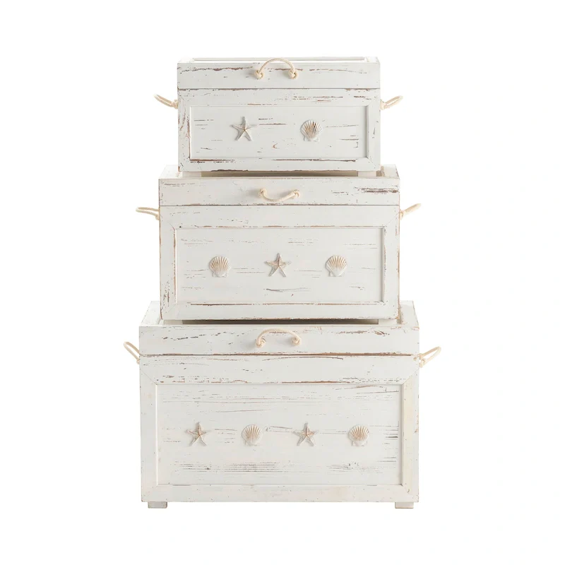 White Wood-Top Storage Trunk Set of 3