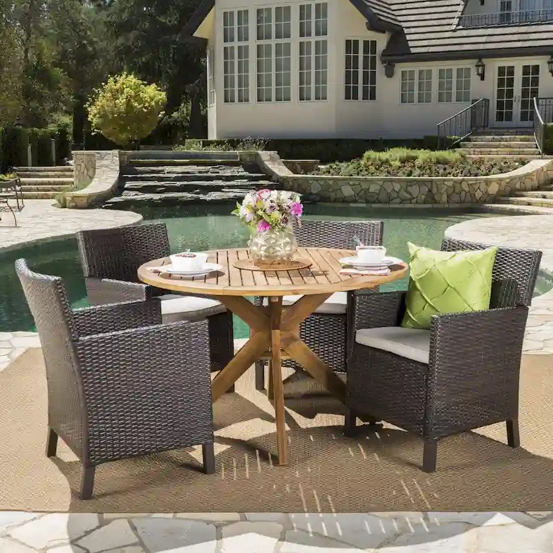 Wes Outdoor 5-piece Round Wicker Wood Dining Set with Cushions by Christopher Knight Home