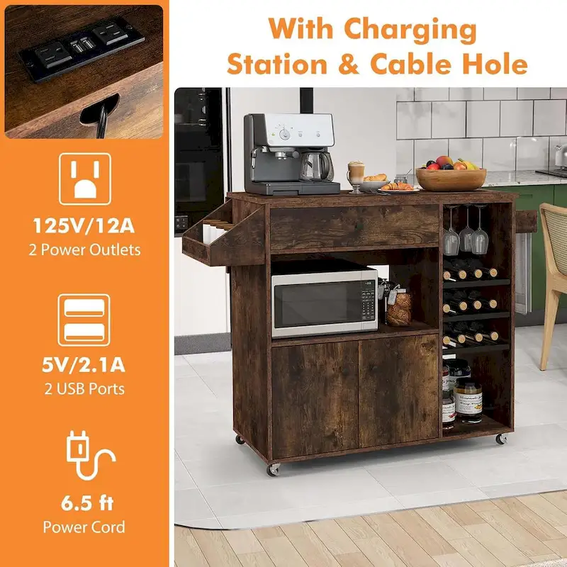 Rolling Kitchen Cart Kitchen Island Cart w/ Drop-Leaf & Power Outlet