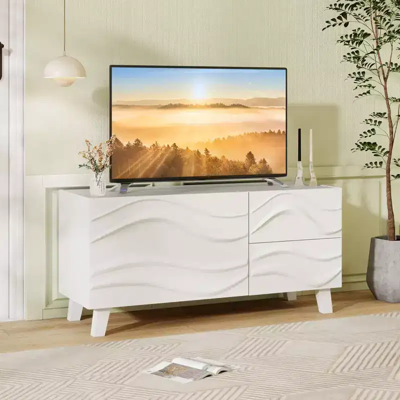 Costway 38 TV Stand for 44-Inch TV with DrawersEngraved Media Console Cabinet White