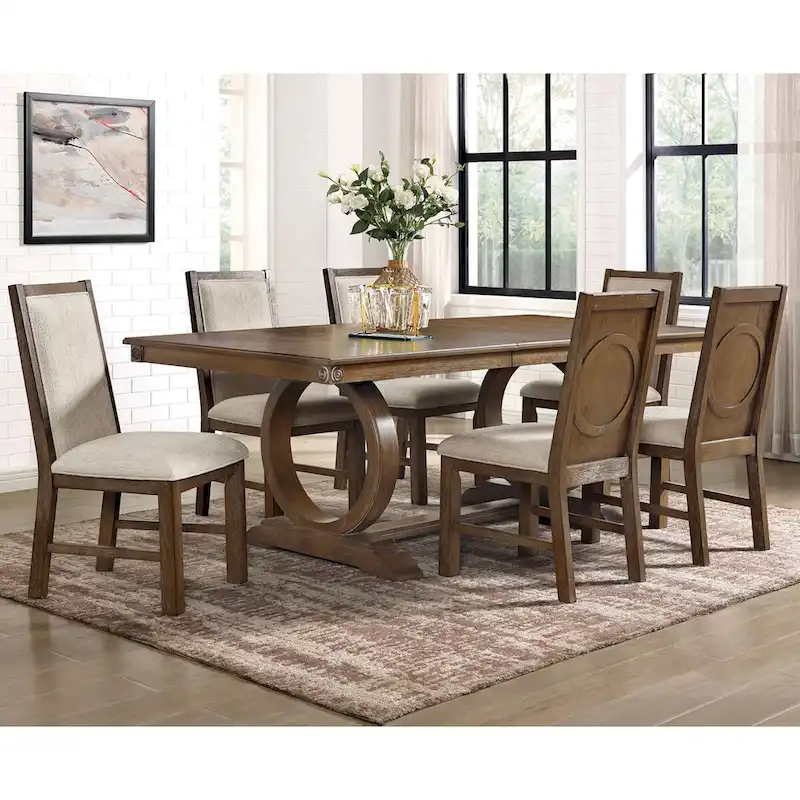 Transitional Rustic Oak 7-Piece Expandable Dining Table Set with Upholstered Chairs