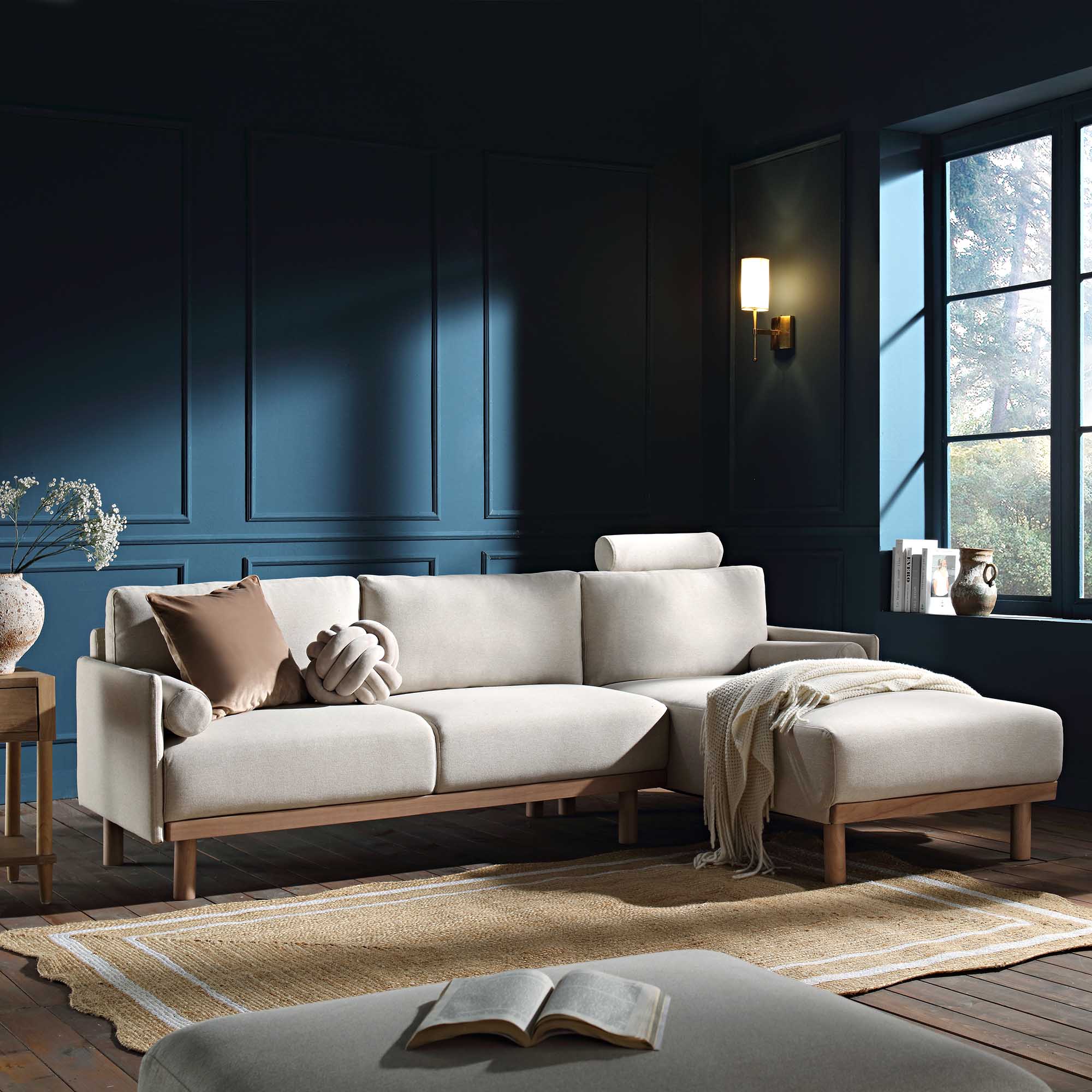 Oatmeal Fabric Sofa, Large 3-Seater Chaise Sofa Right Hand Facing