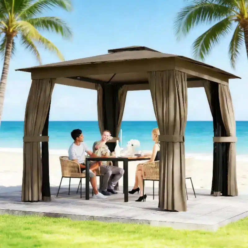 NAYSAYE Wooden Gazebo with Double-Tier Roof Ventilation Netting Curtains for Privacy Comfort and Outdoor Relaxation, Gray, 118.1*118.1*107.1