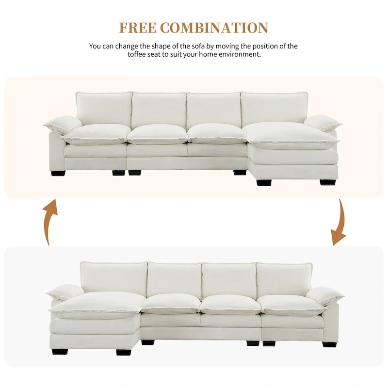 118*55 L-shaped Chenille Cloud Sofa with Double Seat Cushions, 5-seat Upholstered Sleeper Sofa Couch with Chaise Lounge