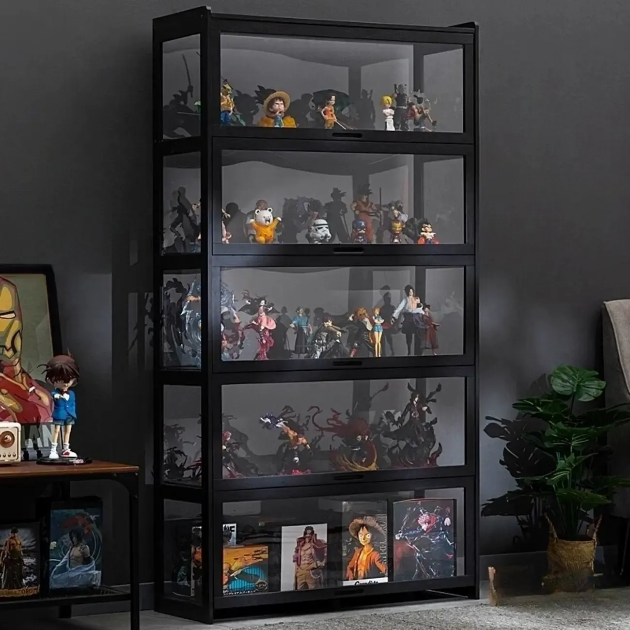 Modern Black Bamboo Glass Display Cabinet with Flip-up Door