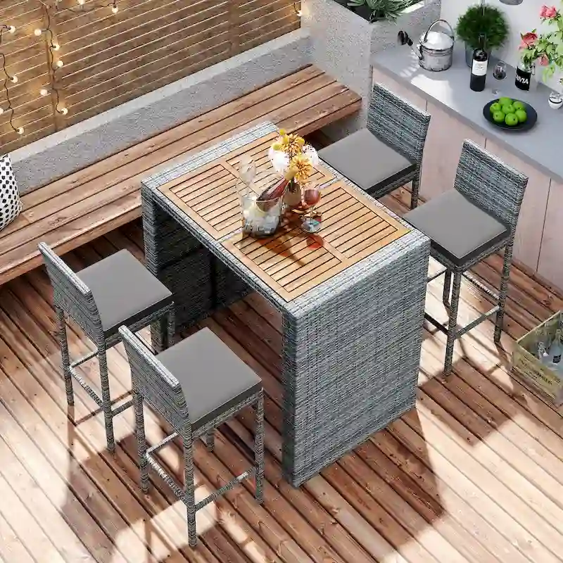 5-pieces Outdoor Patio Wicker Bar Set, Bar Height Chairs With Non-Slip Feet And Fixed Rope, Removable Cushion