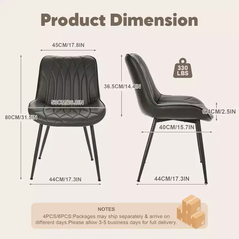 Dining Chairs Set of 2, Modern Dining Room Chairs with Thick Cushions, Upholstered Faux Leather Cushion Seat and Sturdy Metal Legs