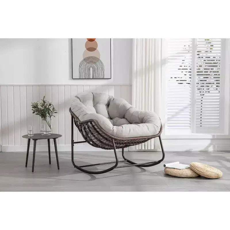 Okak Oversized Outdoor Rattan Rocking Chair Accent Chair with Detachable Cotton Cushion,Patio Recliner Chair Egg Chair for Porch,Backyard