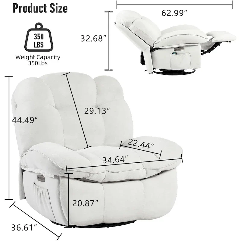 Swivel Power Recliner Chair, Massage Rocker with Heat, USB, USB-C and Side Pocket