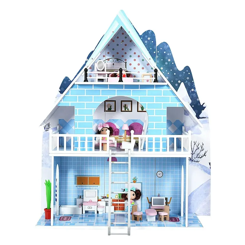 Blue 3-Story Wooden Dollhouse with Furniture & Dolls, 1 Player
