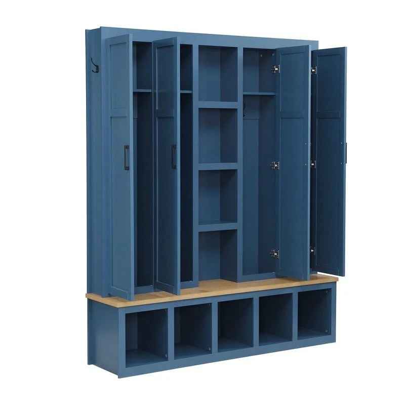 Farmhouse 4-in-1 Hall Tree with Open Display Shelves, Mudroom Shoe Bench with Open Compartments, Entryway Coat Rack with 6 Hooks