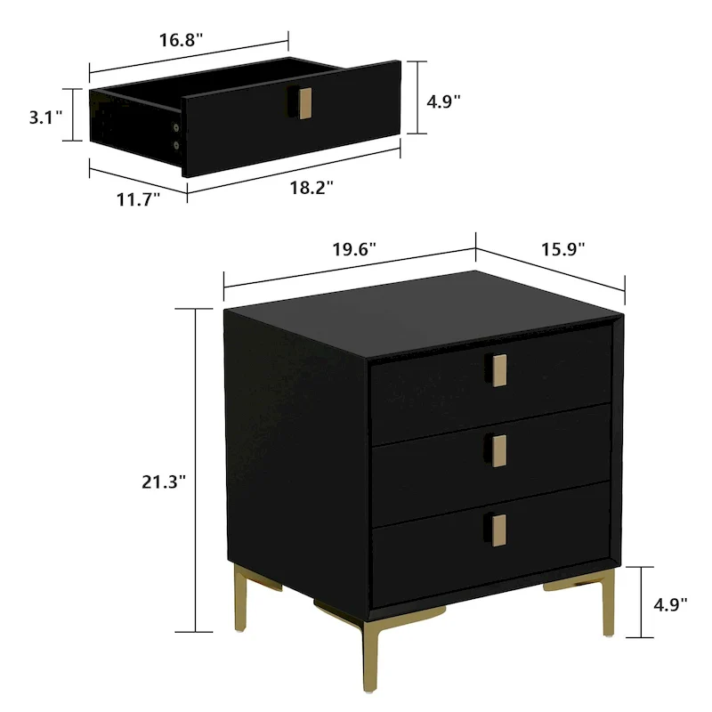 Natural Mid-Century Modern 3-Drawer Nightstand Bedside Table