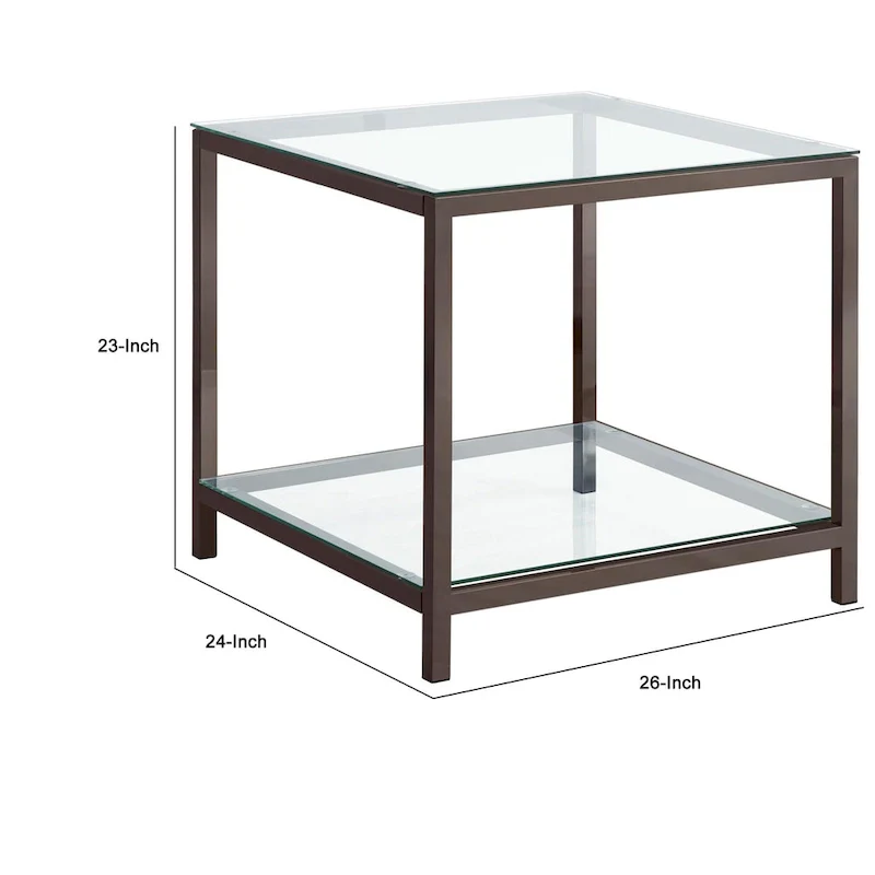 Glass Top End Table with Metal Frame and Open Shelf, Nickel