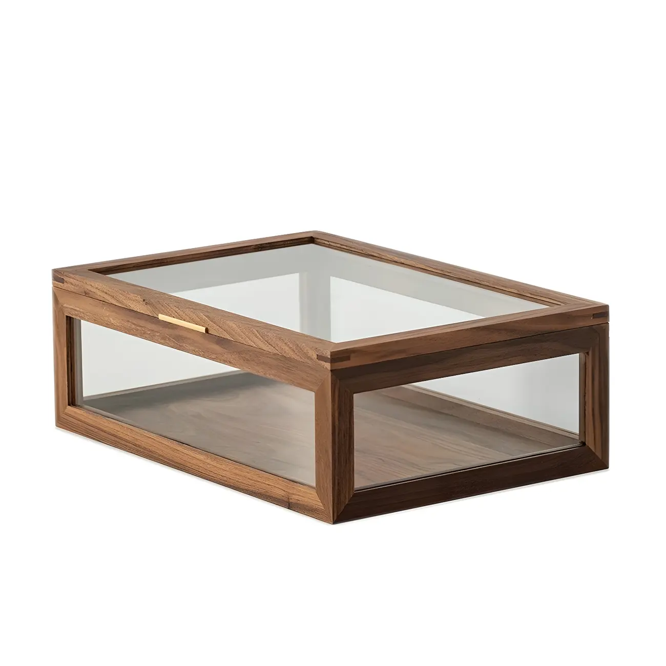 Small Walnut Wood Display Cabinet with Glass Doors