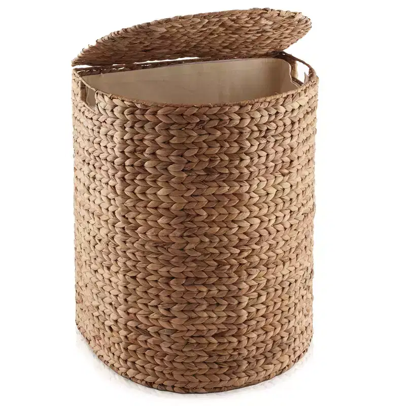 Casafield Half Moon Laundry Hamper with Lid and Removable Liner Bag, Woven Water Hyacinth Laundry Basket for Clothes, Towels