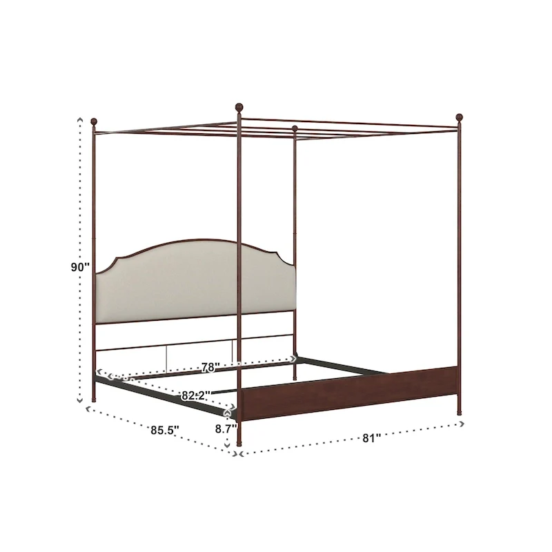 Cream Linen Transitional Canopy Poster Bed, Cherry Brown Frame (Twin/Full/Queen/King)