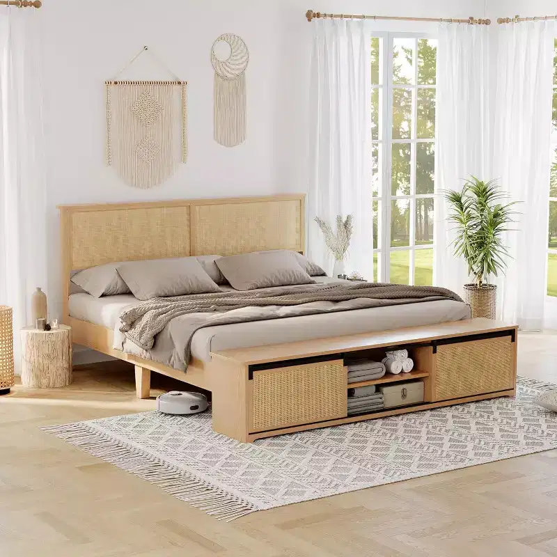 Natural Rattan Full Size Bed Frame with Sliding Barn Door Storage Cabinets and LED Light Headboard